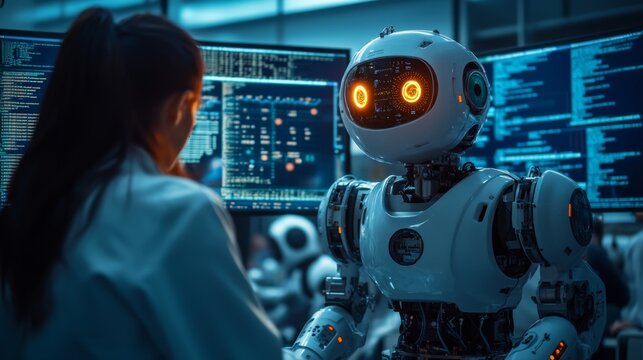 Cybersecurity for robotics lab, diverse team of ethical hackers and robotics engineers, various robots being tested for vulnerabilities, screens showing code and network diagrams, discussions on