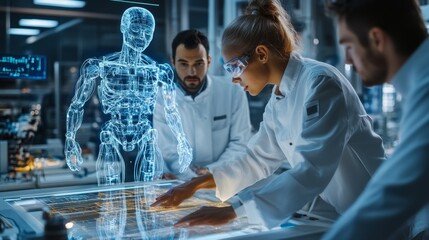 Diverse teams collaborating on advanced robotic projects, futuristic laboratory setting, holographic displays showing designs, engineers from various backgrounds discussing intently, prototypes of