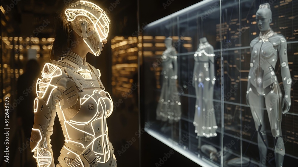 Poster advanced female robot with glowing lights stands in front of a display of similar futuristic android