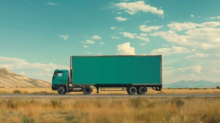 Stationary billboard truck with green mockup in countryside 