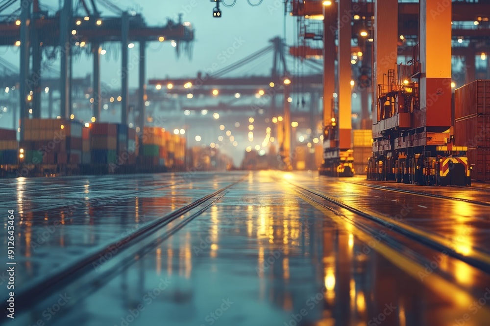 Poster efficient logistics management at port terminal with cargo containers and ships