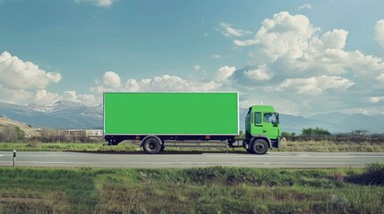 Stationary billboard truck with green mockup in countryside 