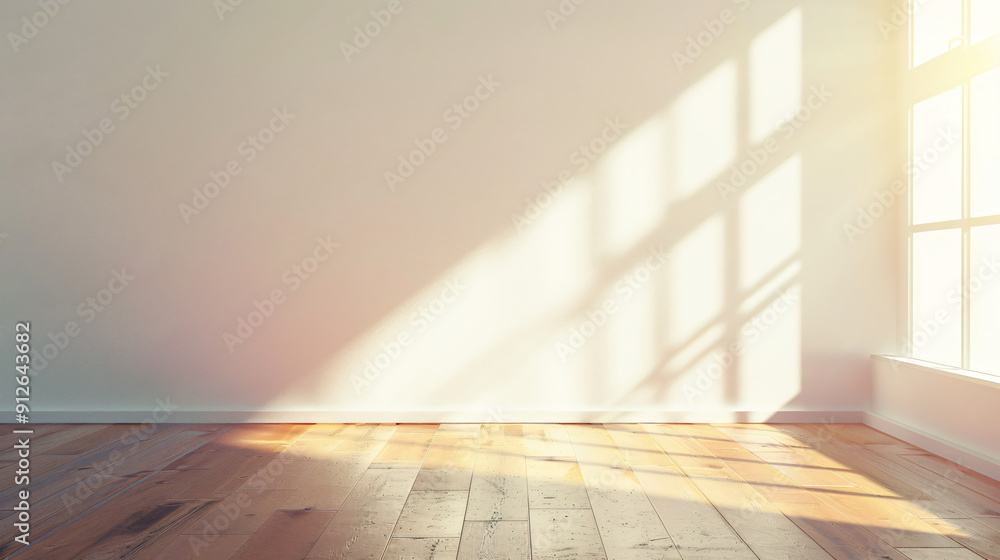 Poster Sunlight streaming through a window illuminating an empty room with a wooden floor