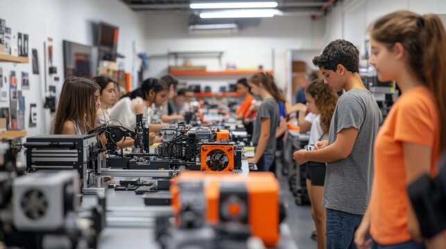 Robotics-focused makerspace, diverse community members working on personal projects, shared tools and 3D printers, experienced mentors assisting newcomers, mix of ages and backgrounds, collaborative