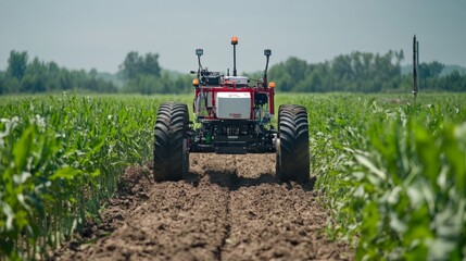 Agricultural robotics field testing, autonomous tractors and drones in action, engineers collaborating with farmers, soil sampling robots visible, weather stations, teams analyzing crop data on