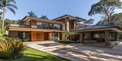 Fototapeta premium Modern luxury villa with wood paneling and a paved driveway stands under a clear blue sky in a lush tropical landscape.