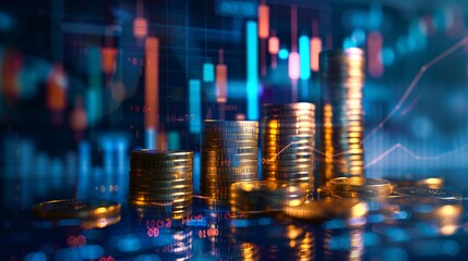 Financial stock market graph and rows of coins growth abstract and symbol for finance concept business investment and currency exchange on blue background.