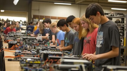High school robotics club meeting, students from diverse backgrounds working on competition robots, mentors from local tech companies guiding teams, testing arena visible, excitement and teamwork
