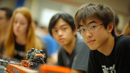 High school robotics club meeting, students from diverse backgrounds working on competition robots, mentors from local tech companies guiding teams, testing arena visible, excitement and teamwork