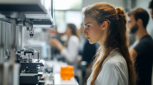 Soft robotics laboratory, teams working with flexible and bio-inspired materials, test chambers for various environments, 3D printers with specialized materials, discussions between material