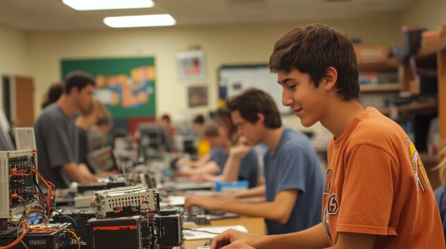 High school robotics club meeting, students from diverse backgrounds working on competition robots, mentors from local tech companies guiding teams, testing arena visible, excitement and teamwork