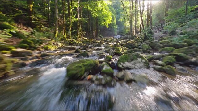 fpv drone flying low over river and under bridge in pine forest at sunrise at cascade du herisson in Jura region