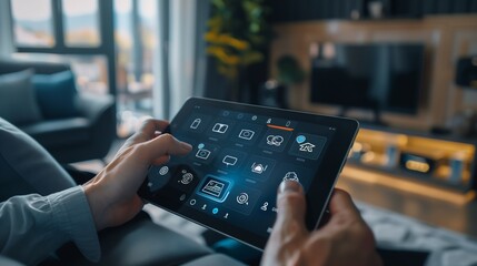 All in one smart home control system app concept on tablet display in man hands. A.I.