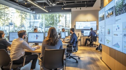 Robotic process automation center, teams from different business units collaborating with software engineers, workflow diagrams on screens, testing stations simulating office tasks, focus on