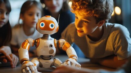 Robotic toy design studio, diverse team of product designers and engineers, prototypes in various stages, child testers interacting with robots, focus groups visible, discussions on educational value