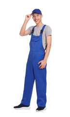 Smiling auto mechanic in uniform on white background