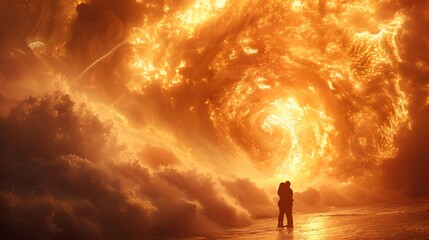 A dramatic and clear photo of two people hugging under a stunning natural phenomenon 