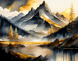 Luxury watercolor landscape with black mountain, clouds and golden glitter, asian background