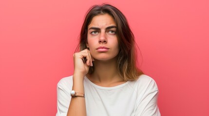 Fototapeta premium Young uruguayan woman over isolated background having doubts and with confuse face expression. A.I.