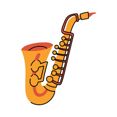 yellow brass saxophone in a flat style. Wind musical instrument for solo, orchestra, jazz use. An isolated shiny tool. Flat vector illustration highlighted on a white background
