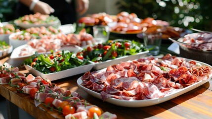 Smoked meatsauceprosciutto salad appetizers on table at wedding or christmas feast. luxury catering concept. delicious italian food table at wedding reception.