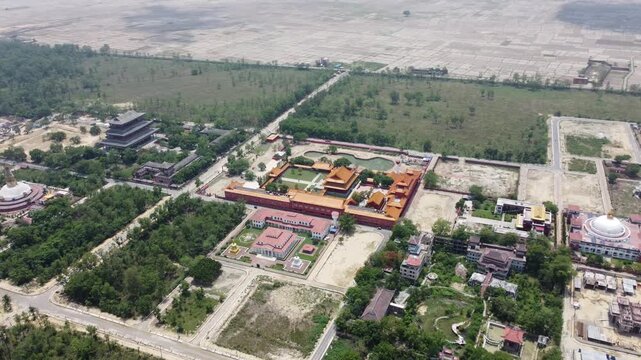 Aerial View of Lumbini Nepal. Lord Buddha birthplace in Lumbini, Nepal. The exact birthplace of Lord Buddha Siddhartha Gautama and one of the Eight Great Places of Buddhism.