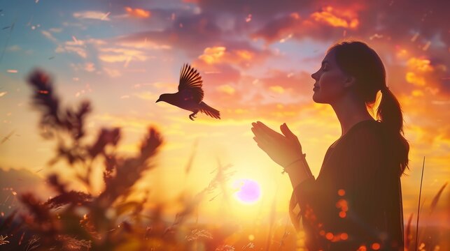 Woman praying and free bird enjoying nature on sunset background hope concept.