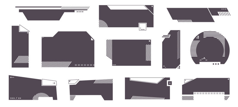 Futuristic digital interface. Abstract tech UI elements, modern sci-fi tech geometric dashboard shapes and frames, futuristic HUD techno panel, virtual info display GUI. Sci-fi borders vector set.