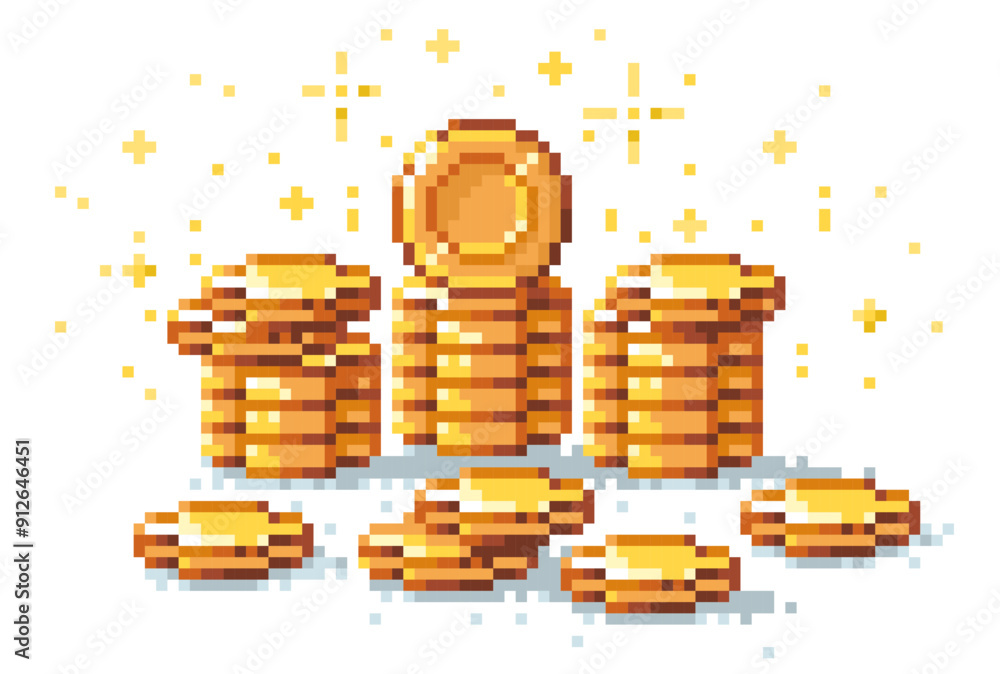 Aufkleber pixel coins stack. retro 8 bit video game golden coin pile, 2d sprite asset for arcade game design. 