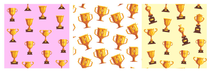 2407.m8 bit winner cup pattern. Retro seamless pixel game background with gold trophy reward, winner award video game asset. Vector old arcade print. Pixel art textures with sport golden goblets.