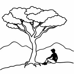 A hiker resting under a large, gnarled tree on a hillside vector