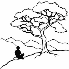 A hiker resting under a large, gnarled tree on a hillside vector