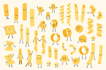 Cartoon pasta characters. Cute funny Italian food mascots with happy faces, different types of macaroni and spaghetti, noodle, penne, fusilli and rigatoni, funny ravioli. Vector isolated set.