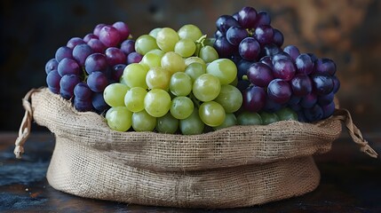 A basket of grapes with a purple grape on top