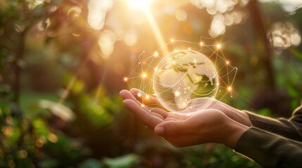Man hands holding global network and data customer connection on nature background.