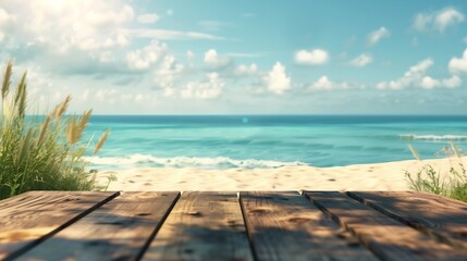 Fototapeta premium Desk of free space and summer beach landscape.