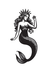 Image of Beautiful mermaid with a crown. sea ​​princess. Engraving vintage vector illustration, monochrome black color. Woodcut	 printed on Printed Glass Splashbacks