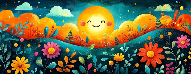 Cartoon drawing of bright weather with a smiling sunrise. International Day of Happiness