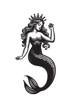 Beautiful mermaid with a crown. sea ​​princess. Engraving vintage vector illustration, monochrome black color. Woodcut	