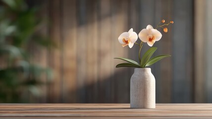 Stylized illustration of exotic orchid in geometric vase against blurred reclaimed wood.