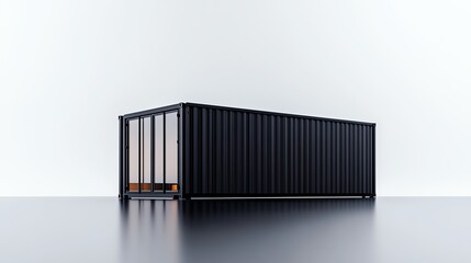 A sleek black shipping container with glass doors, perfect for modern architecture or minimalist design aesthetics.