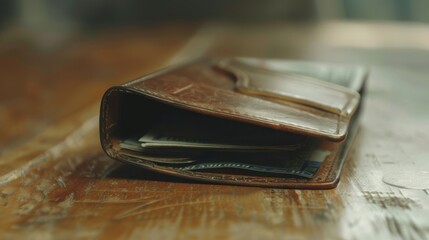 A leather wallet lies open on a table, revealing cash and cards tucked inside