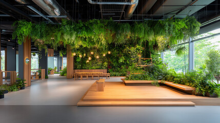 Fototapeta premium garden-themed open space inside office, hanging plants, wooden benches, eco-friendly design, serenity, no people.