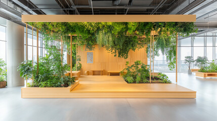 garden-themed open space inside office, hanging plants, wooden benches, eco-friendly design, serenity, no people.