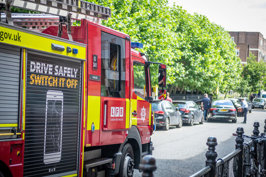 LONDON- A London Fire Brigade LFB fire engine out on call in Chelsea, south west London