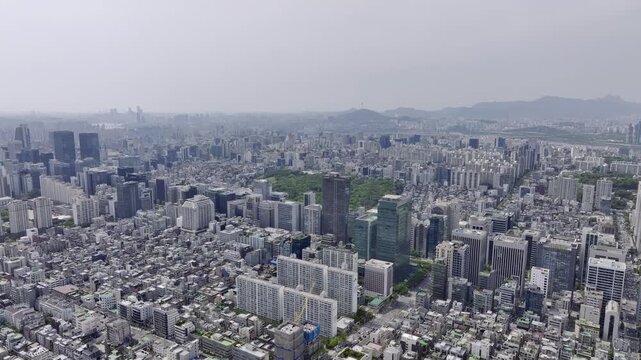 rone View of Seoul city in South Korea, gangnam financial district, Summer 60fps