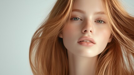 Fototapeta premium Beautiful young woman with shiny golden straight hair against a light background