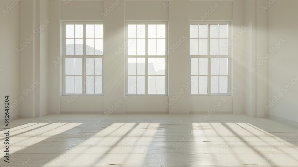 Poster sunlight streaming through windows in an empty room with white walls and a wooden floor