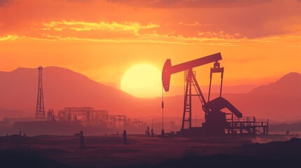 Oil pumpjack operating in a desert landscape during sunset with industrial facilities and mountains in the background