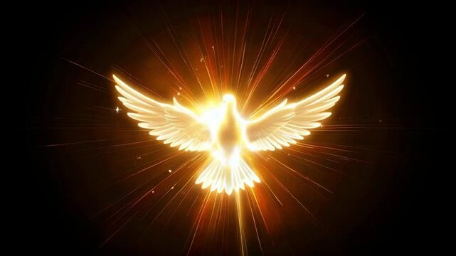 holy spirit as a white dove in rays of light isolated on black, symbolizing Christian enlightenment and peace in cartoon flat design style animation  -- 4k stock video footage AI